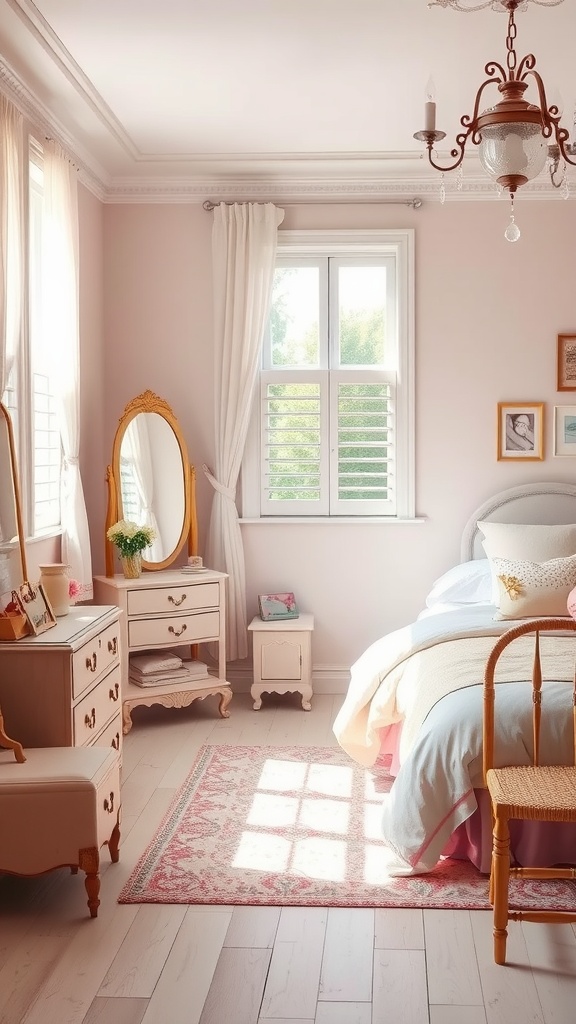 A soft girl bedroom featuring charming vintage furniture, including a dresser, bedside table, and ornate mirror, with soft colors and natural light.