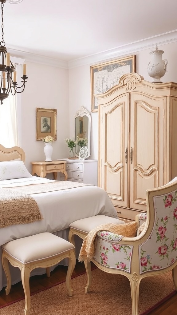 A cozy French country bedroom featuring vintage furniture, including an ornate armoire, floral upholstered chair, and soft lighting.
