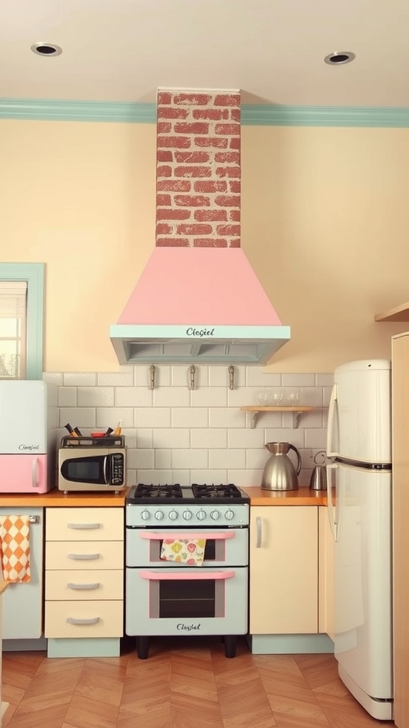 Vintage kitchen with a pastel color scheme and a brick chimney.