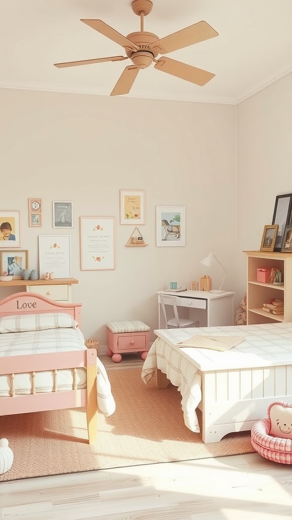 A charming vintage-style kindergarten bedroom with two beds, artwork on the walls, and a cozy rug.