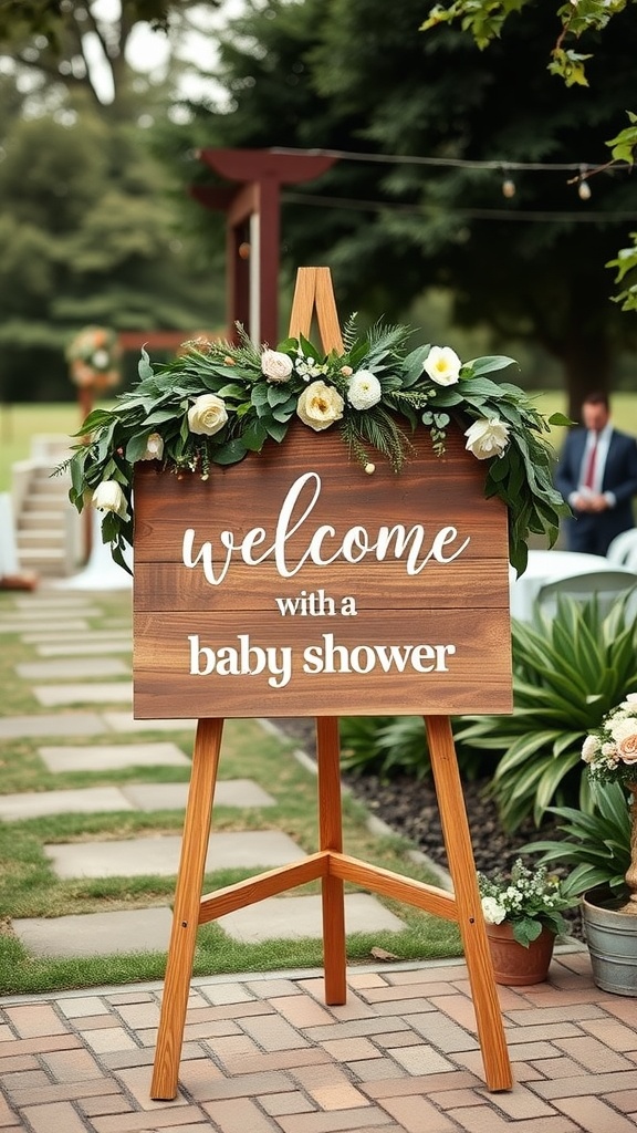 A wooden welcome sign for a baby shower, decorated with flowers and greenery, displayed on an easel in an outdoor setting.