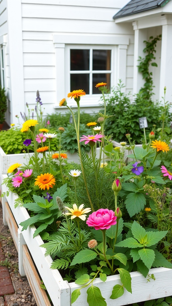 Colorful flowers blooming in a white raised garden bed beside a house.