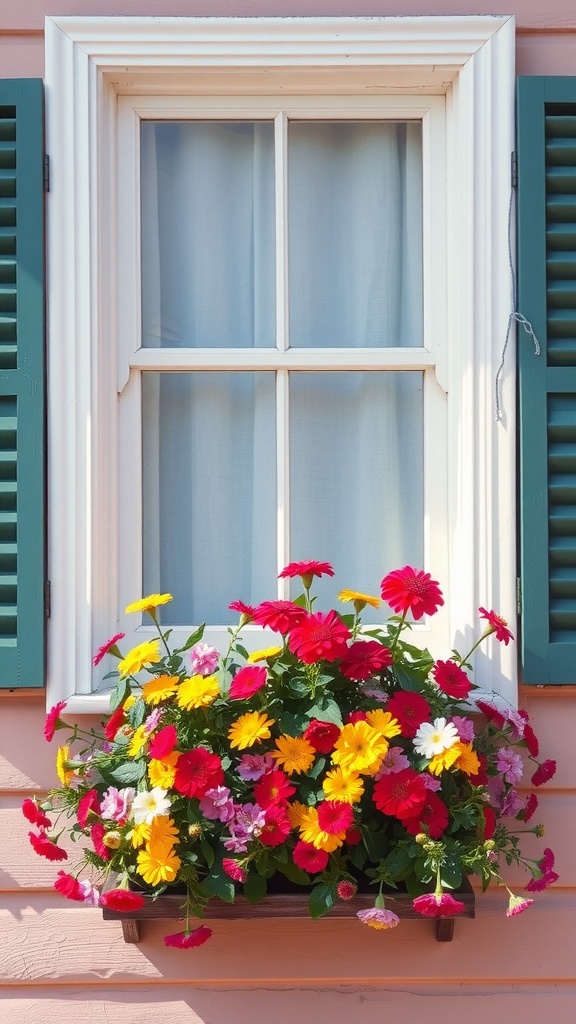 A charming window box filled with vibrant flowers, including red, yellow, and pink blooms, set against a white window and green shutters.