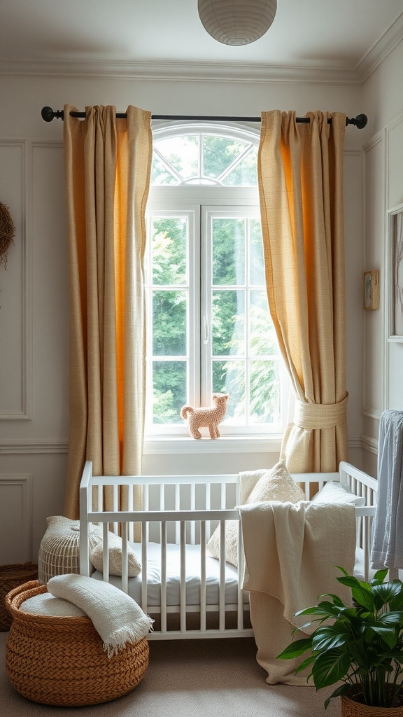 A nursery with light beige curtains and a cozy crib, featuring a soft atmosphere with natural light.