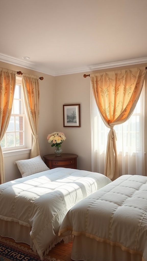 A shared bedroom with twin beds and charming window treatments