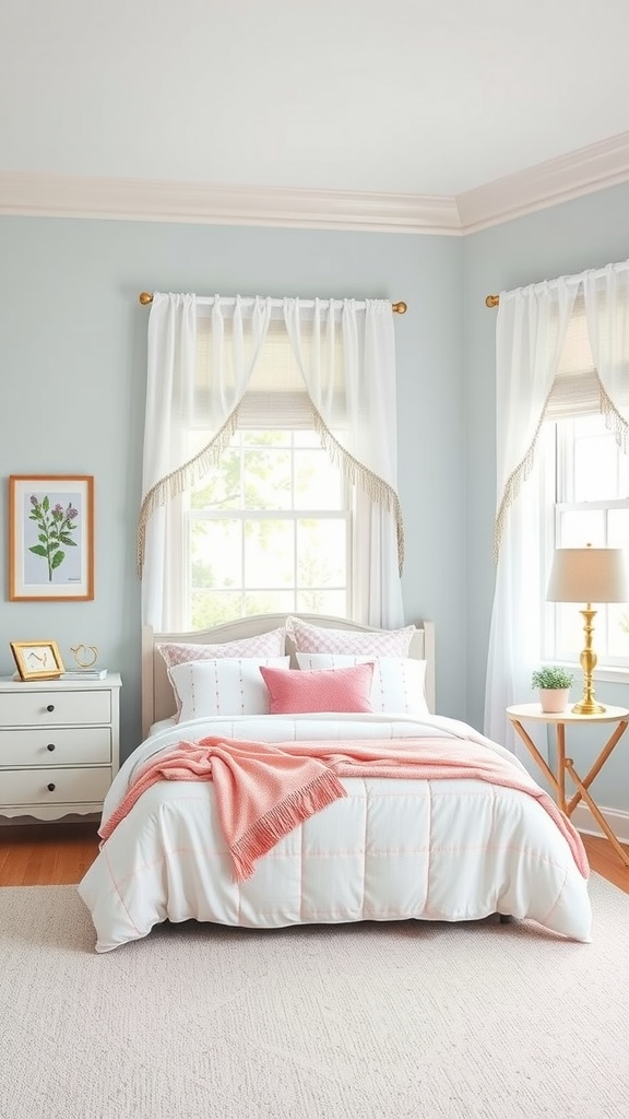 A cozy tween girl's bedroom featuring soft white curtains and pastel blue walls.
