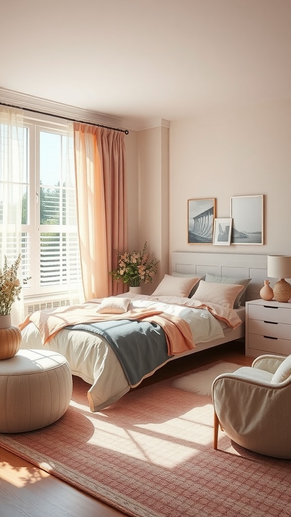A soft girl bedroom featuring a bed with pastel bedding, elegant peach curtains, and a cozy atmosphere.