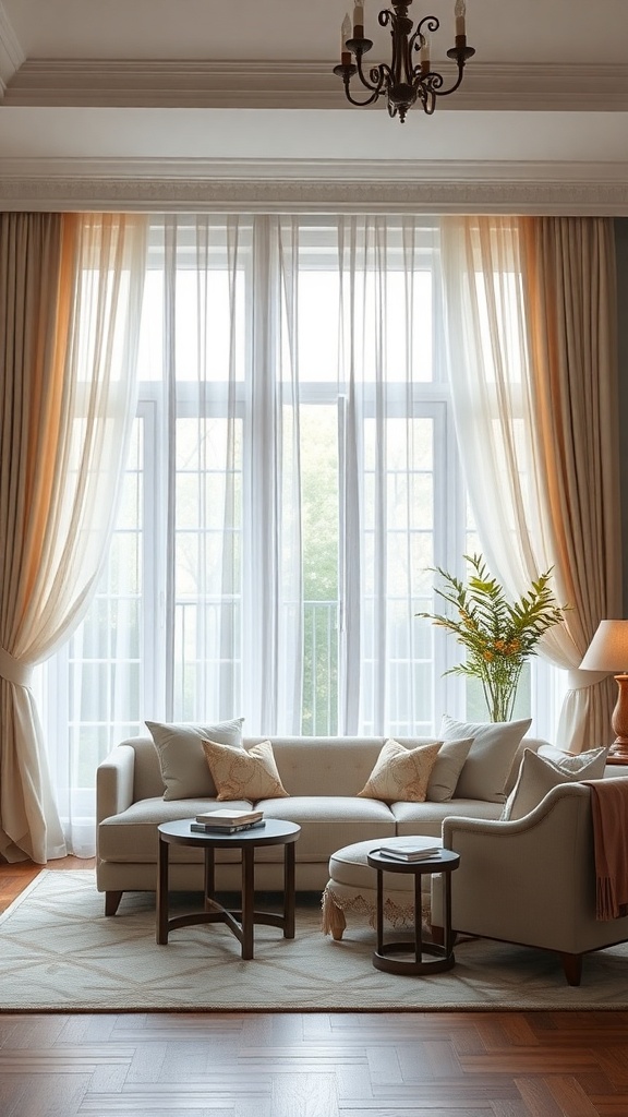 A cozy living room with soft curtains, a neutral sofa, and a plant by the window.