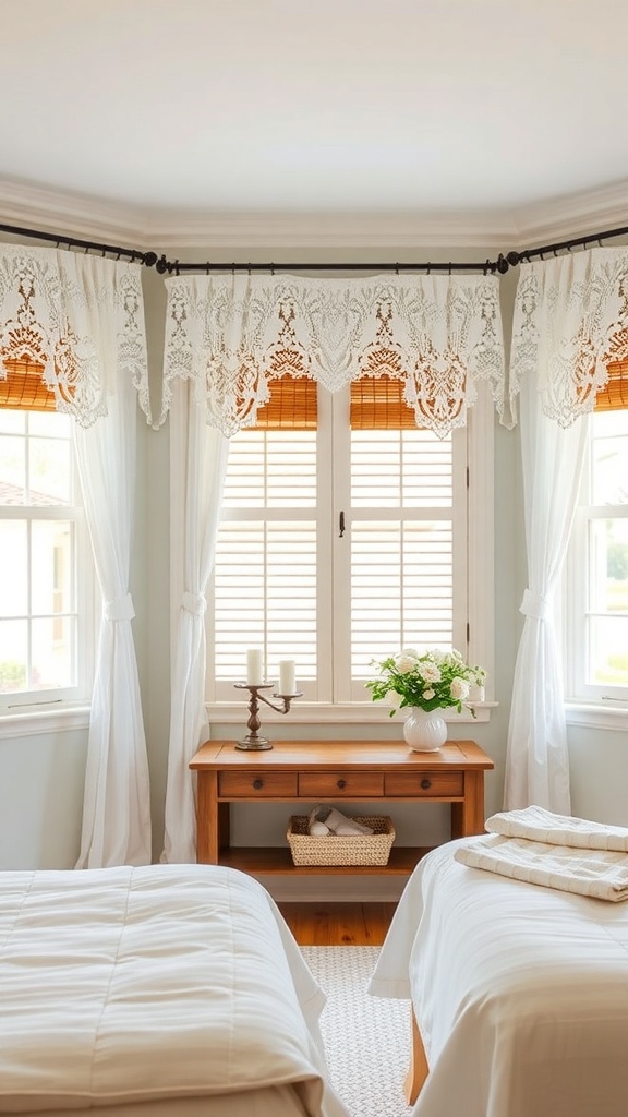 Cozy farmhouse bedroom with lace curtains and bamboo shades