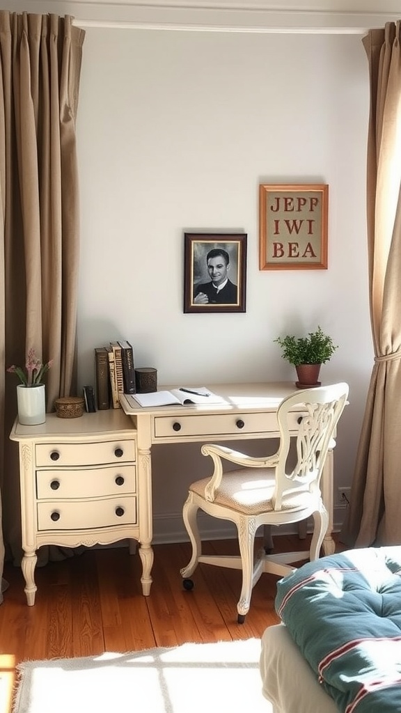 Cozy writing nook featuring a vintage desk and chair with a potted plant and books.
