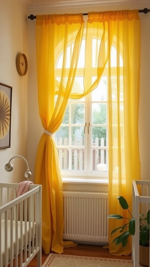 Bright yellow curtains draping over a window in a cozy nursery.