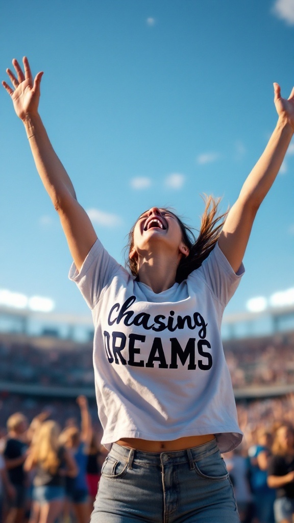 A woman wearing a white shirt with 'Chasing Dreams' printed on it, celebrating joyfully at a cheer event.