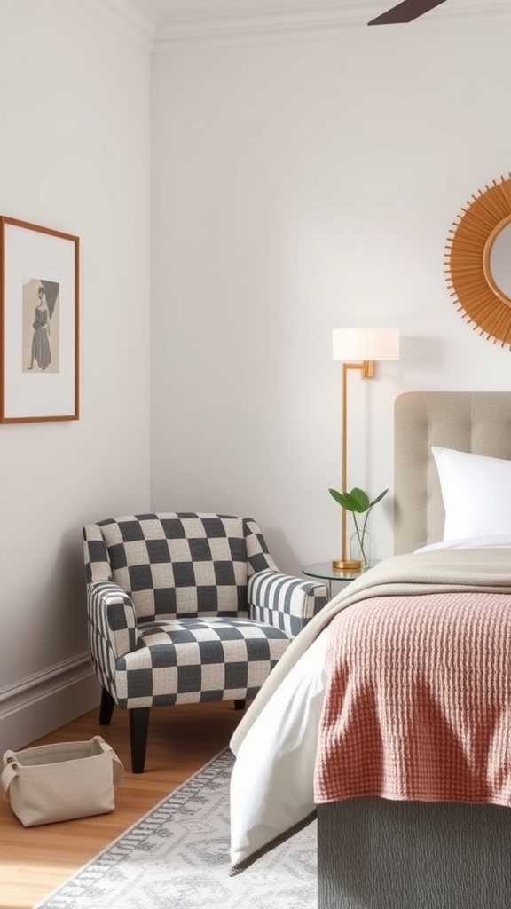 A cozy bedroom corner featuring a checkerboard accent chair, soft bedding, and warm lighting.