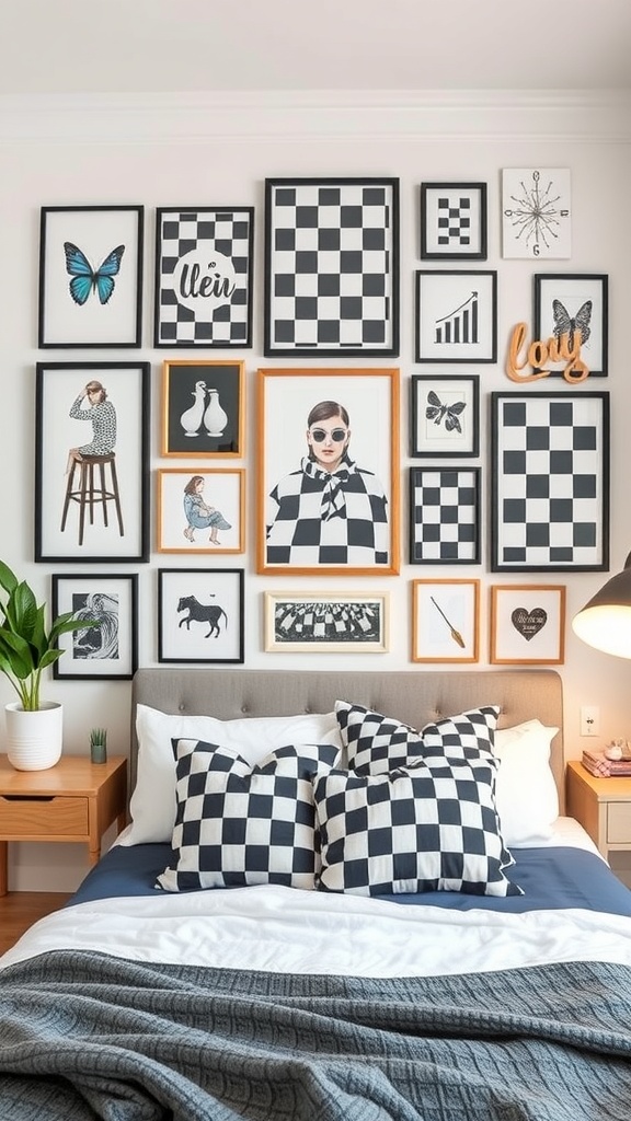 A stylish bedroom featuring a checkerboard-themed wall decor with various framed artworks and checkerboard pillows.