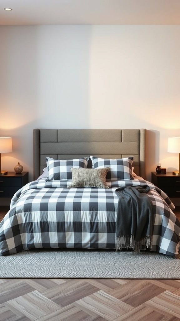 A cozy bedroom featuring a black and white checkered bedding set with a modern headboard and warm lighting.