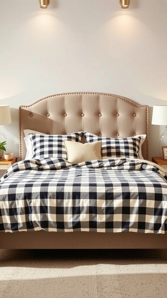A cozy bed with black and white checkered bedding and matching pillows.