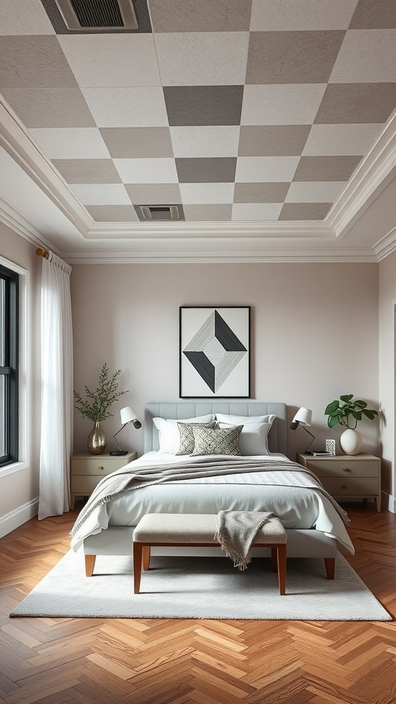 A stylish bedroom featuring a checkerboard ceiling design in gray and white, with modern decor.