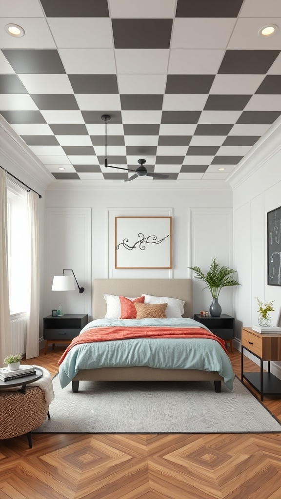 A stylish bedroom featuring a checkerboard ceiling design with black and white squares.