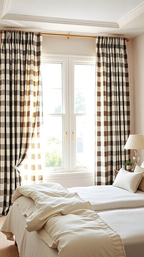 A bedroom featuring checkerboard curtains, a neatly made bed, and a cozy atmosphere.