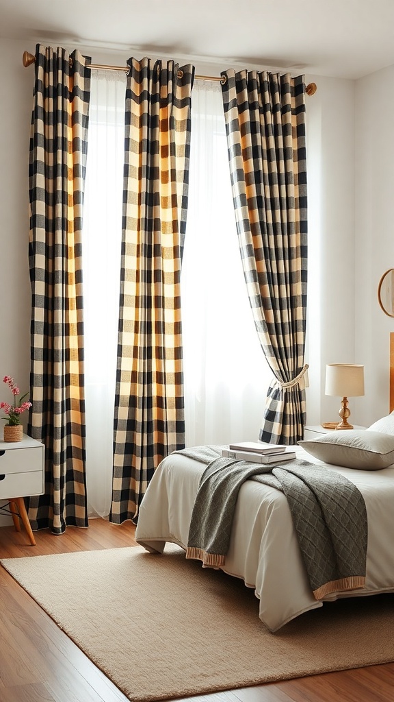 A cozy bedroom with checkerboard curtains in dark and light colors, featuring a bed with neutral bedding and a wooden nightstand.