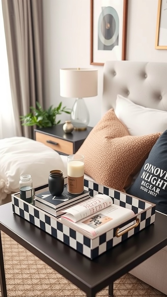 A checkerboard decorative tray on a black table with books and candles.