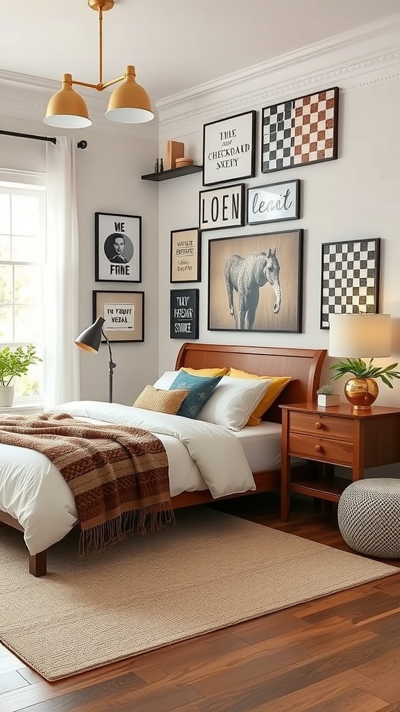 Cozy bedroom featuring checkerboard wall art and warm decor elements.