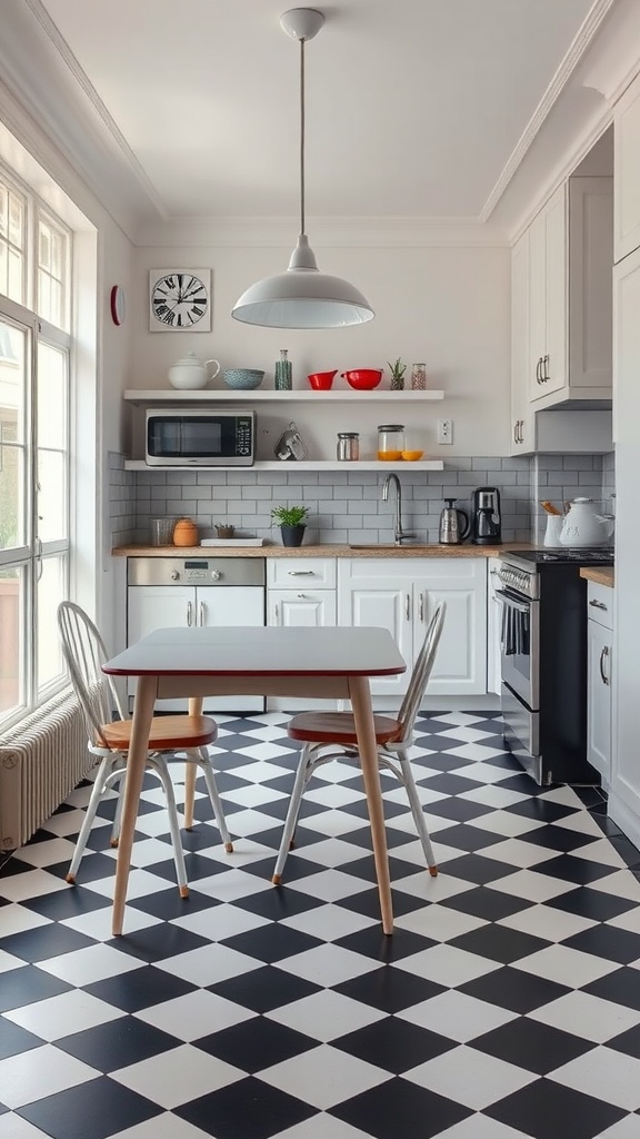 A modern kitchen featuring a black and white checkerboard floor, white cabinets, and sleek appliances.