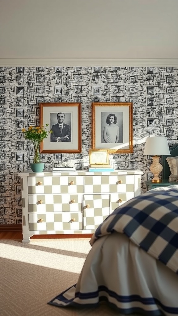 A checkerboard dresser in a bedroom with patterned wallpaper and framed photos.