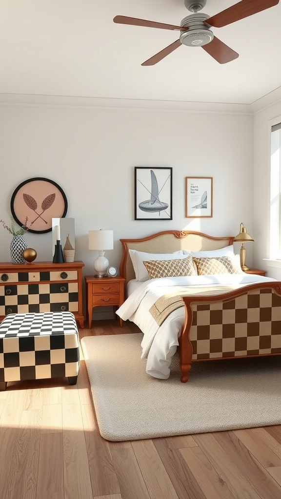 A cozy bedroom featuring checkerboard furniture, including a bed frame, ottoman, and dresser, with warm wood tones and neutral bedding.