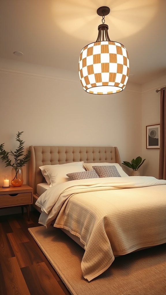 A checkerboard patterned pendant light hanging above a cozy bed in a stylish bedroom.