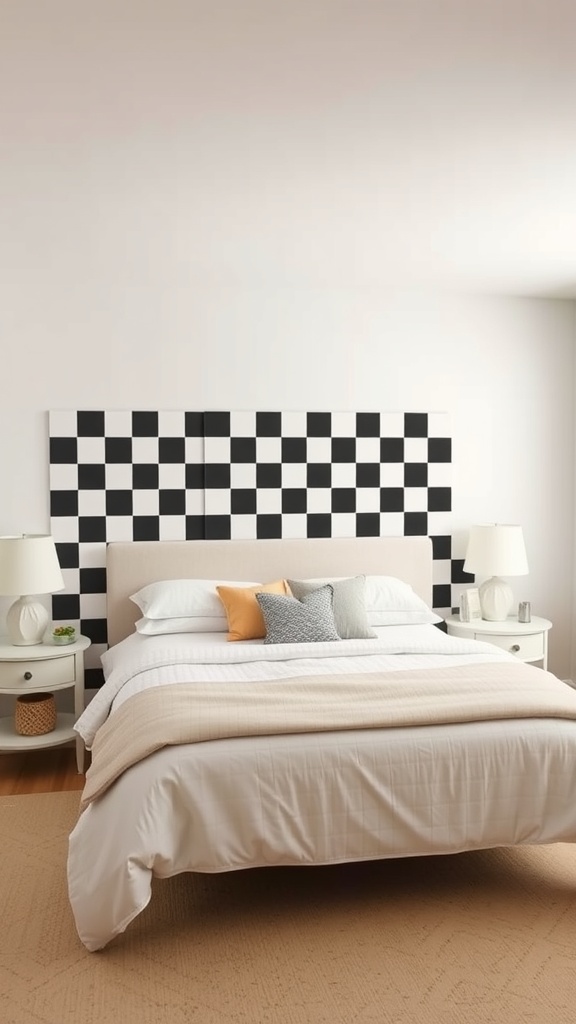 A stylish bedroom with a black and white checkerboard wall behind the bed, featuring soft bedding and decorative pillows.