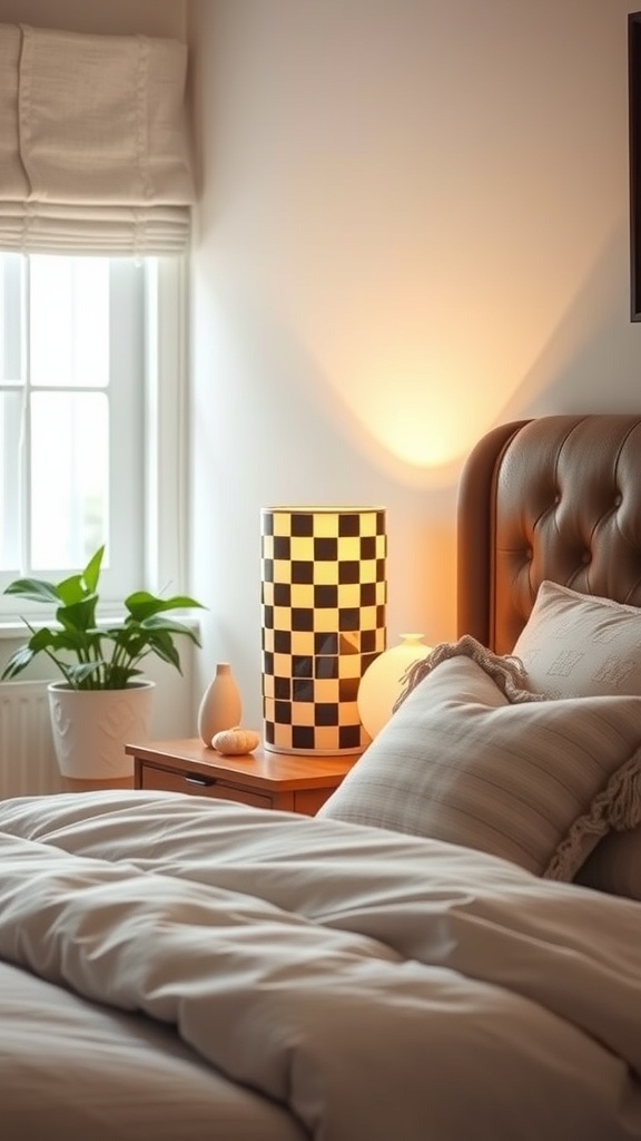 A cozy bedroom featuring a checkerboard lamp on a nightstand, with warm lighting and soft bedding.