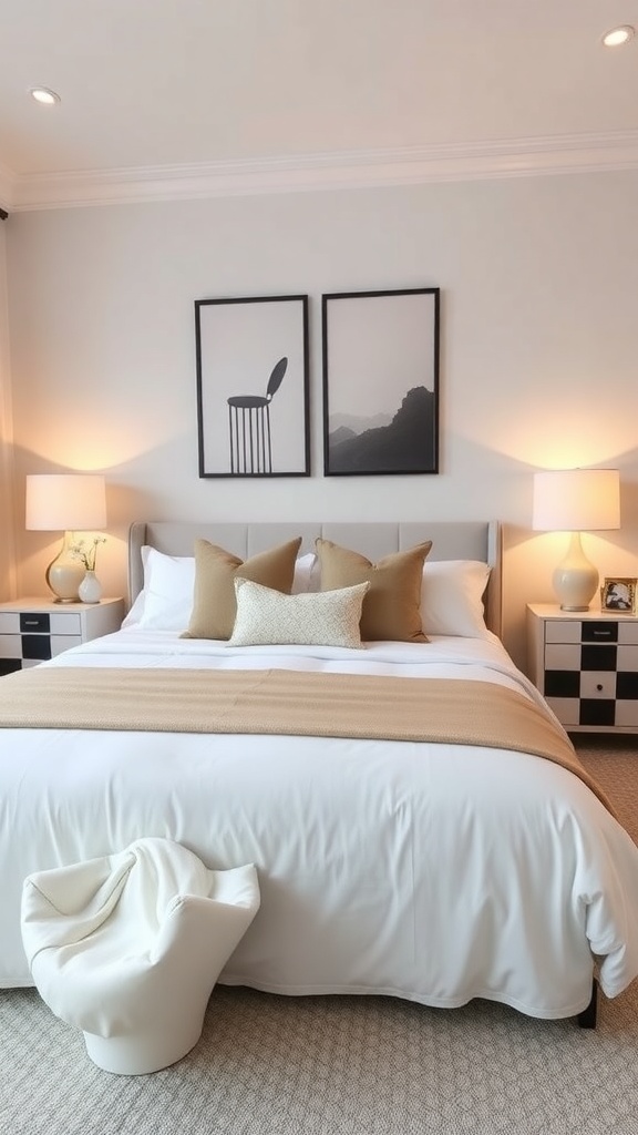 A cozy bedroom featuring checkerboard nightstands with lamps, a neatly made bed, and decorative pillows.