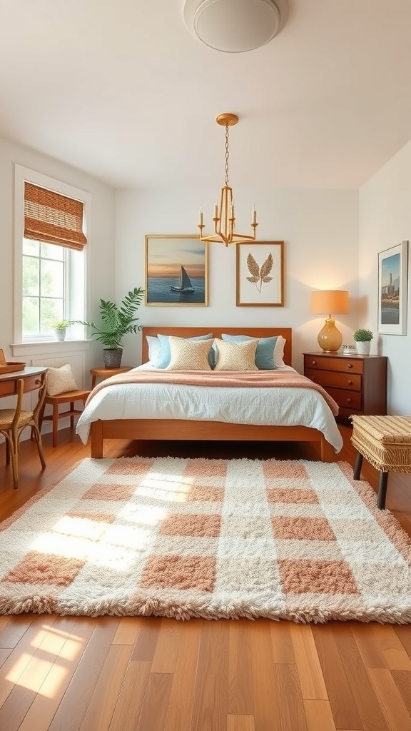 A cozy bedroom featuring a checkerboard rug in warm tones, wooden furniture, and soft bedding.
