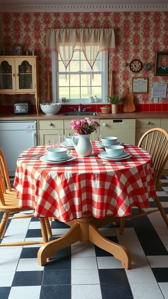 A cozy kitchen with a red and white checkerboard tablecloth on a round wooden table, set with dishes and a vase of flowers.