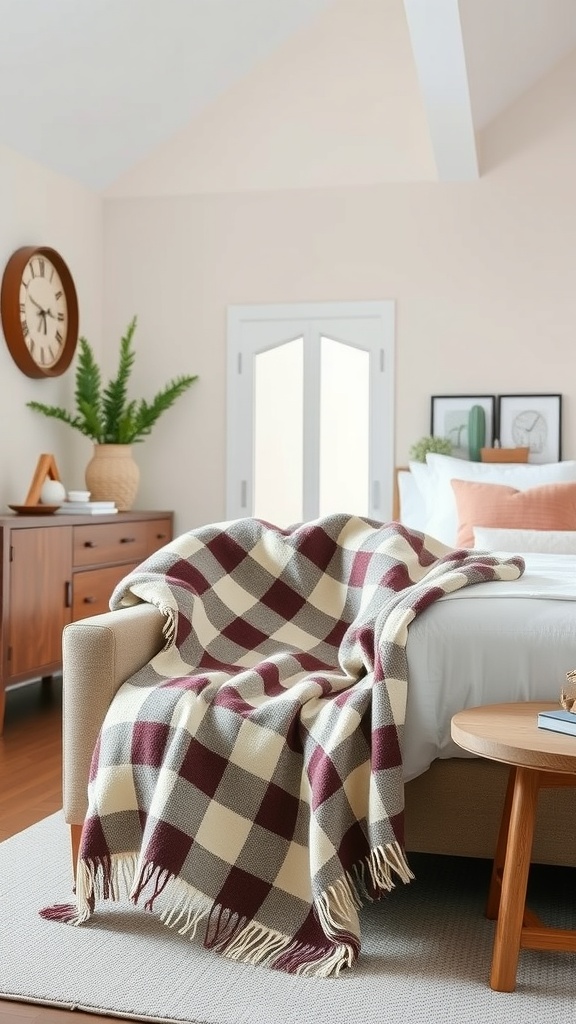 A cozy checkerboard throw blanket in cream and burgundy draped over a couch in a stylish bedroom.