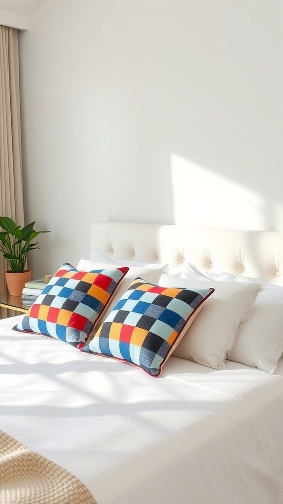 Checkerboard throw pillows on a bed with a light-colored headboard and bedding