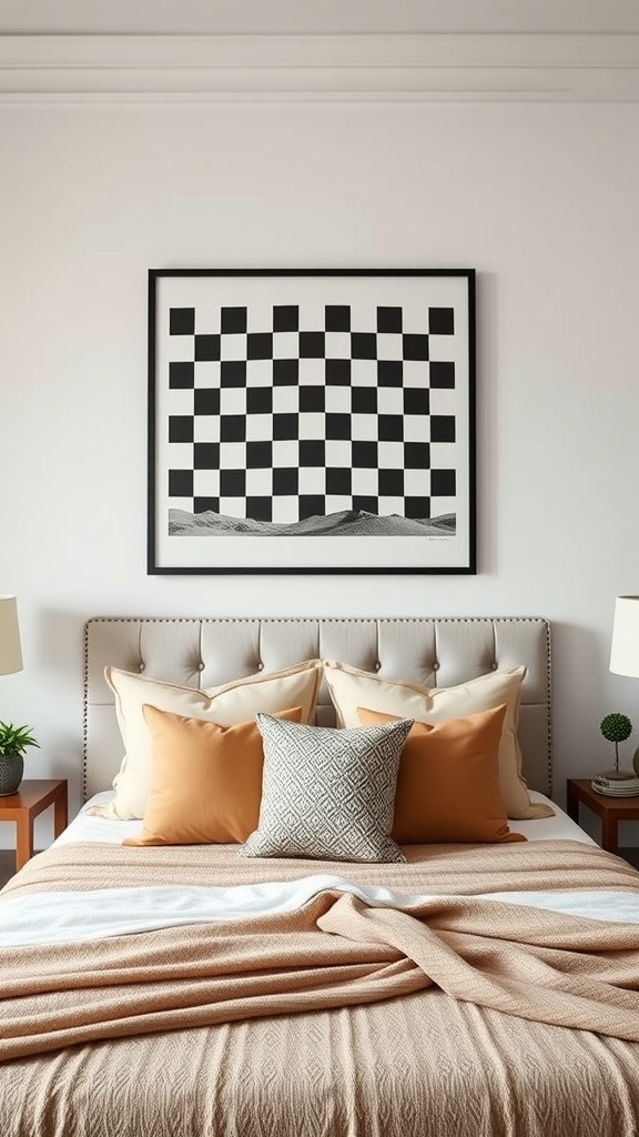 A checkerboard wall art piece in black and white above a neatly made bed with orange and patterned pillows.