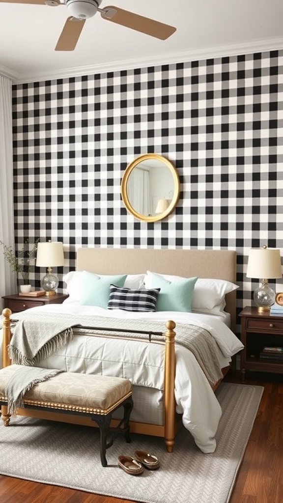 A bedroom featuring bold checkerboard wallpaper in black and white, a cozy bed with soft bedding, and a round mirror.