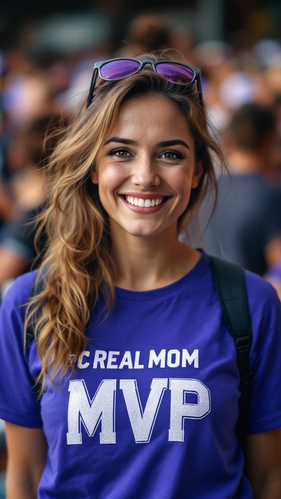 A smiling woman wearing a purple t-shirt that says 'Real Mom MVP.'