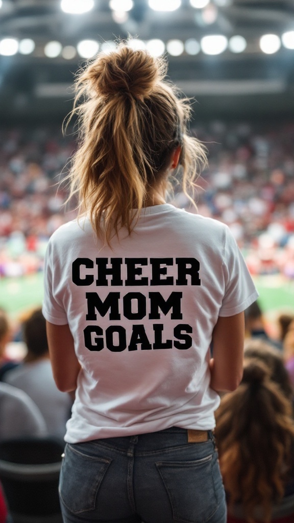 A woman wearing a 'Cheer Mom Goals' t-shirt, showcasing her support for cheerleading at a game.