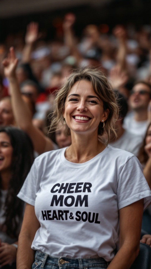 A smiling woman wearing a white t-shirt that says 'CHEER MOM HEART & SOUL' with a cheering crowd in the background.