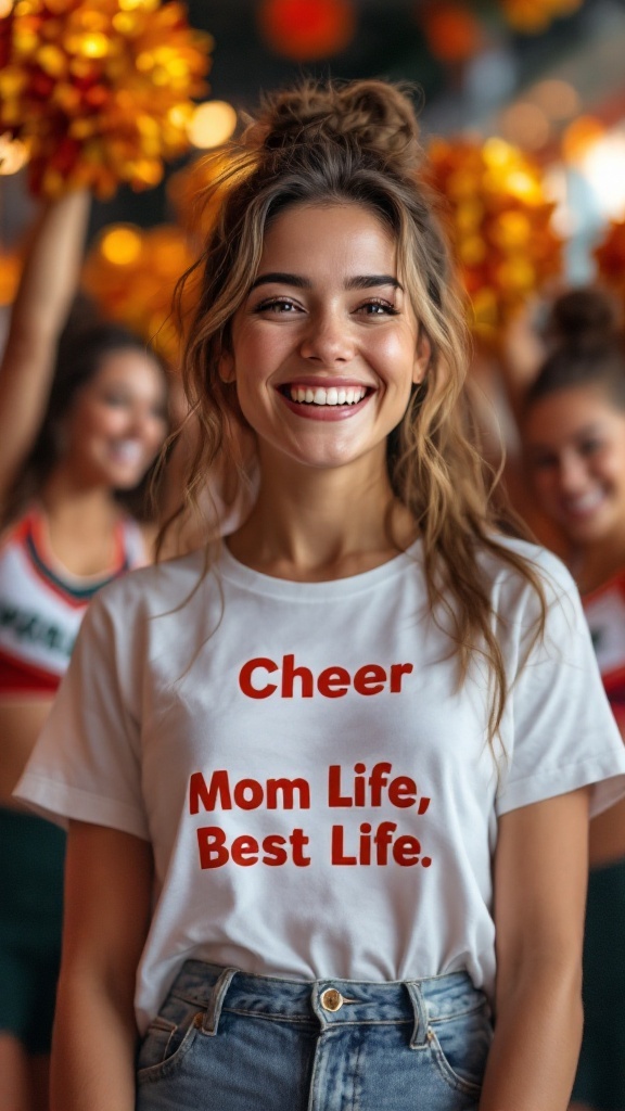 A smiling woman wearing a 'Cheer Mom Life, Best Life' T-shirt with cheerleaders in the background.