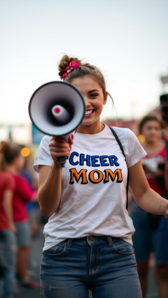 A smiling woman wearing a 'Cheer Mom' t-shirt and holding a megaphone