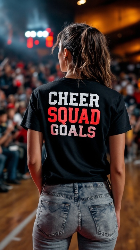 A woman wearing a black t-shirt with 'CHEER SQUAD GOALS' on the back, standing in a gym filled with cheering fans.