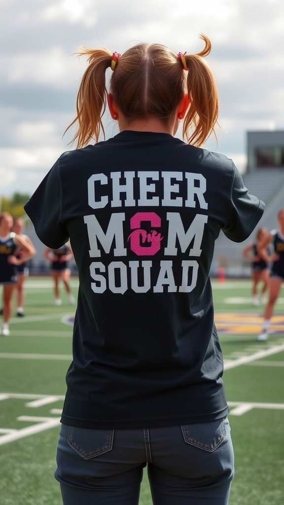 A back view of a person wearing a 'Cheer Mom Squad' shirt at a cheerleading event.