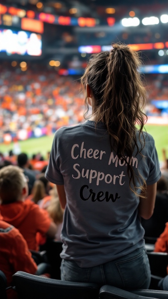 Woman wearing a 'Cheer Mom Support Crew' shirt at a game