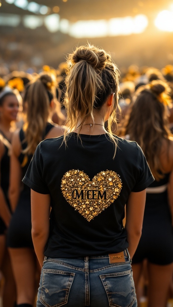 A woman wearing a black t-shirt with a gold heart design at a cheerleading event.