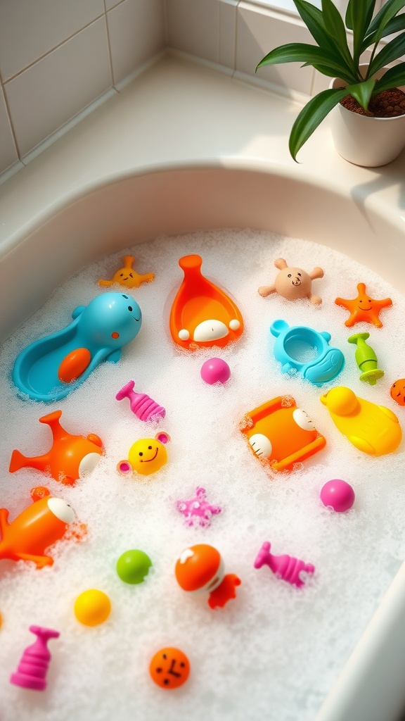 A colorful collection of bathtub toys in a bubbly bath