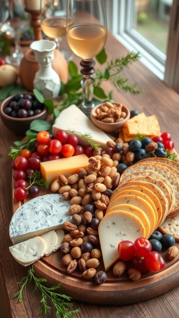 A cheese and charcuterie board featuring various cheeses, nuts, fresh produce, and crackers, beautifully arranged for a baby shower.